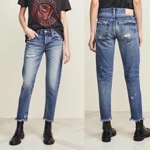 Moussy Vintage Kelley Tapered selvedge denim raw hem distressed Jeans